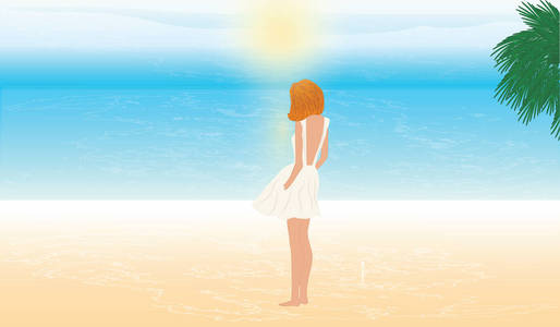 女人, 现代, 年轻的, 在夏季礼服站在海边, 看日出艺术矢量插图