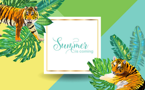 你好夏季热带设计与棕榈叶和老虎。热带海滩假期海报, 横幅, t恤, 传单, 封面。矢量插图