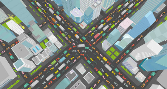城市街路通堵塞道 3d 。非常高的细节投影视图。很多汽车结束建筑物顶部视图矢量图