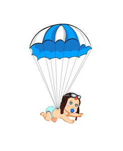 它的一个男孩卡通矢量剪贴画与可爱的婴儿在驾驶帽下降与红色降落伞孤立在白色背景。婴儿会贺卡设计元素。新生婴儿到达图标概念