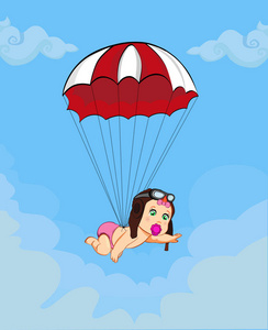 它的一个女孩卡通矢量插图与可爱的女婴在驾驶帽下跌与红色降落伞在蓝色多云的天空背景。婴儿送礼会贺卡设计。新生婴儿到达概念