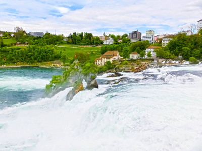 在由河大黄酸在瑞士的欧洲最大的瀑布