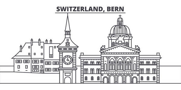 瑞士, 伯尔尼线天际向量例证。瑞士, 伯尔尼线形城市景观, 著名地标, 城市景观, 矢量景观