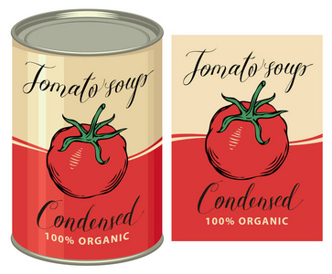 带手写铭文和锡罐头的浓缩番茄汤标签的矢量说明