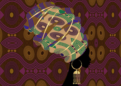 肖像美丽的非洲妇女在传统的头巾, 科特头包装非洲, 传统的 dashiki 印刷, 黑色女性矢量剪影与传统的金耳环, 蜡染发型的