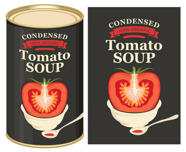 在黑色背景下用切番茄的图像和锡罐头与这个标签的番茄酱汁的标签的向量例证