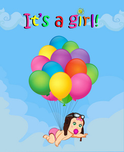 它的一个女孩卡通矢量插图与可爱的婴儿在飞行员的帽子落在一堆氦气球上的蓝色多云的天空背景。婴儿送礼会贺卡。新生婴儿到达概念