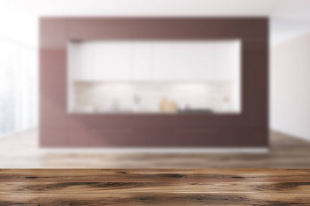 棕色和白色原始厨房内部与木地板, 白色和褐色台面和阁楼窗口。3d 渲染模拟模糊