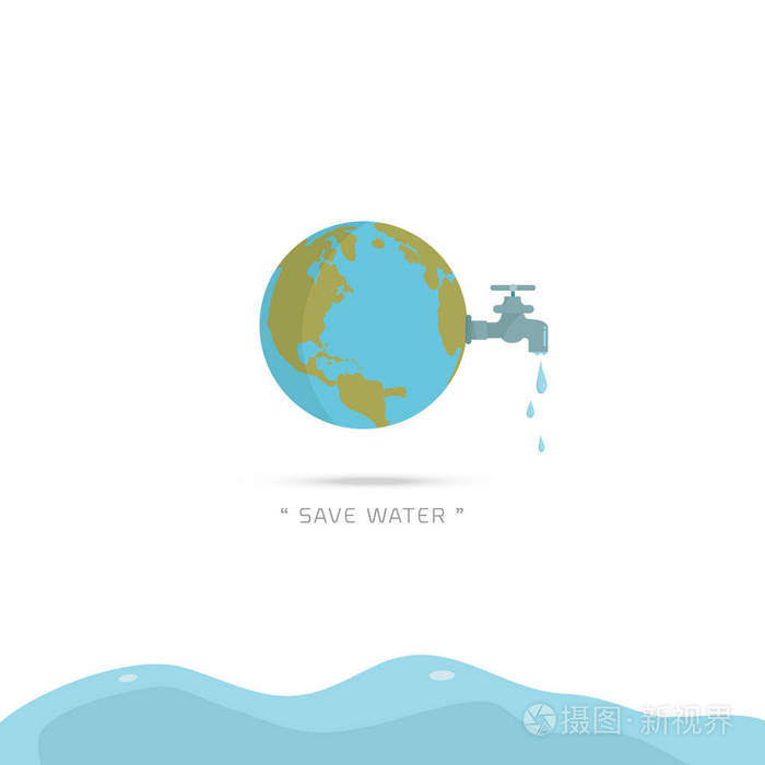 插画 水世界天用手拿水龙头或自来水水龙头与一滴水到地球和保存水