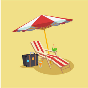 夏季红沙滩伞椅行李椰子黄色背景矢量图像