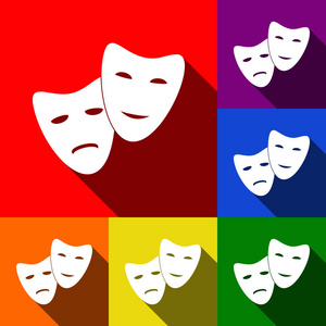 剧院图标与快乐和悲伤的面具。矢量。一套与平面阴影在红色 橙色 黄色 绿色 蓝色和紫色背景图标