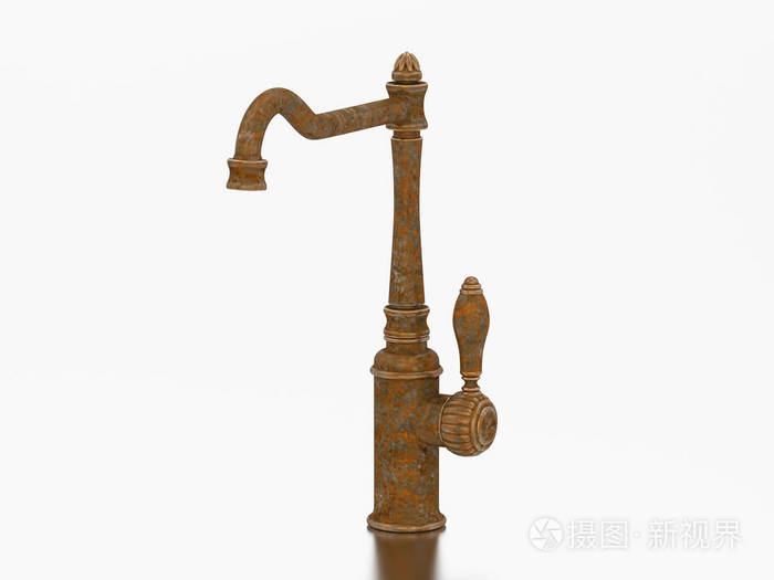 3d. 在灰色背景下, 不合适的破锈老式旧水龙头