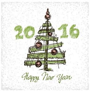 快乐新的 2016 年。节日矢量插图与刻字组成与圣诞树