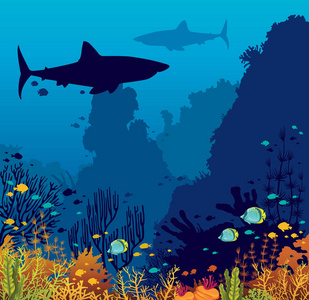 水下自然和海洋野生动物。在蓝海背景下的大鲨鱼珊瑚礁和热带鱼类的剪影。矢量夏日插画