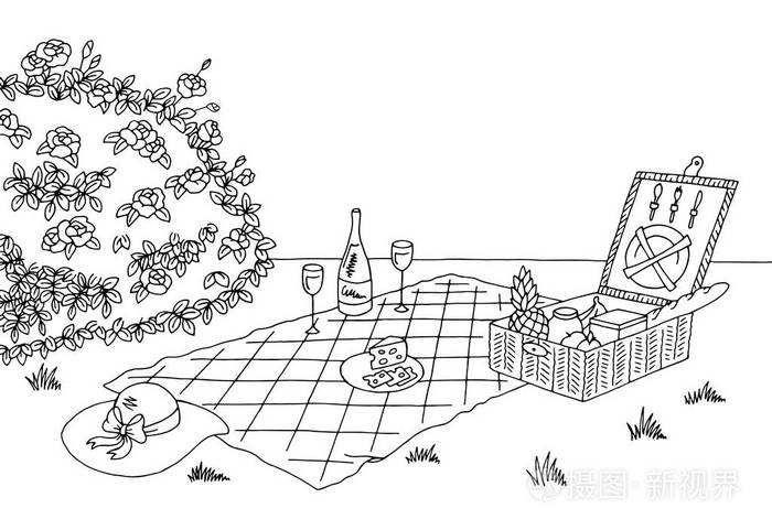 野餐图形黑色白色素描图矢量