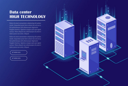 网络托管和大数据处理, 服务器机房机架。数据中心, 云存储技术。等距向量图