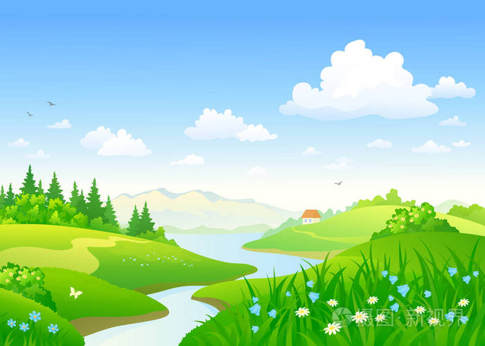 美丽的夏日河流和花卉草地的矢量卡通画