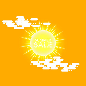超级夏季销售横幅与太阳和云的黄色背景,。商业季节性购物概念, 向量