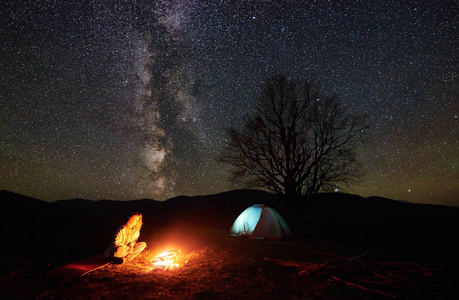 在山上露营的夜晚。年轻的女性徒步旅行者, 在燃烧的篝火旁, 在令人难以置信的星空和银河与明亮的帐篷和大树的剪影背景下休息
