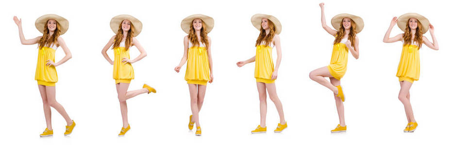 黄色的夏装上白色孤立的年轻女子