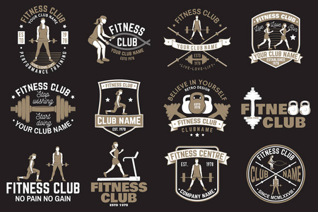 健身俱乐部徽章。向量。健身中心标志, 健身房招牌和其他