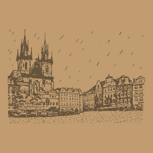 在布拉格，捷克共和国的老镇广场。太原和 Jan Hus 纪念碑前圣母教堂
