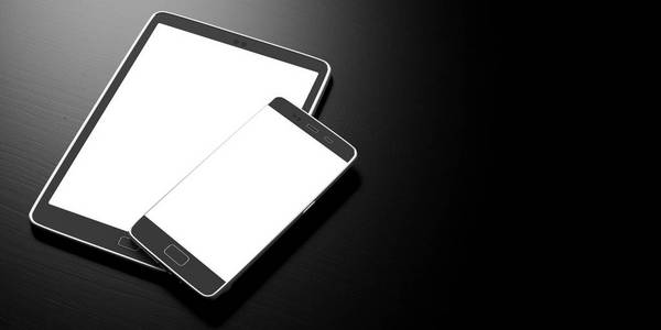 手机和平板电脑用空白的白色屏幕在黑色背景上, 复制空间。3d 插图