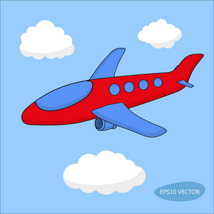 红色卡通飞机在蓝色背景上的云