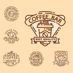 咖啡的徽章食物细线刻字为餐厅，咖啡厅菜单咖啡的房子和商店贴纸矢量