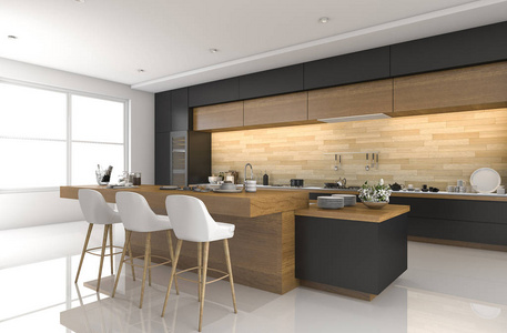 3d 渲染黑色木装饰的现代厨房