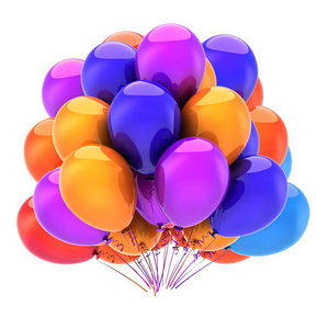 气球快乐生日派对装饰多彩多姿。彩色氦气球束蓝色橙色紫色。周年纪念庆典, 节日活动符号。3d 插图
