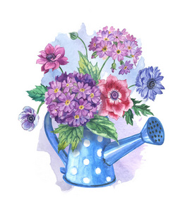 一束春天的花朵在一壶花里, 水彩画。海葵和报春花在花瓶里, 手绘