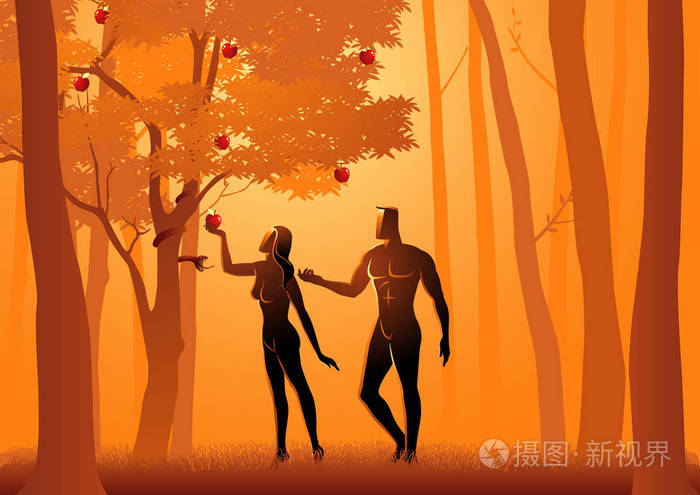 圣经的亚当和夏娃的矢量插图一条蛇欺骗夏娃从禁树上吃水果