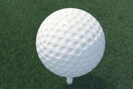 3d 插图高尔夫球球和球在草丛中，关闭视图上发球区准备被枪毙了。高尔夫球场球顶视图