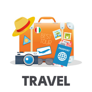橙色老式手提箱的向量例证与不同的旅行元素被隔绝在白色背景。旅游理念