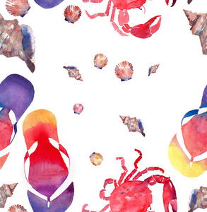 多彩鲜艳可爱舒适夏季海滩模式翻转触发器红蟹柔和可爱贝壳水彩手图