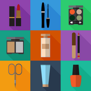 在颜色的方块上设置的简单化妆品平面图标