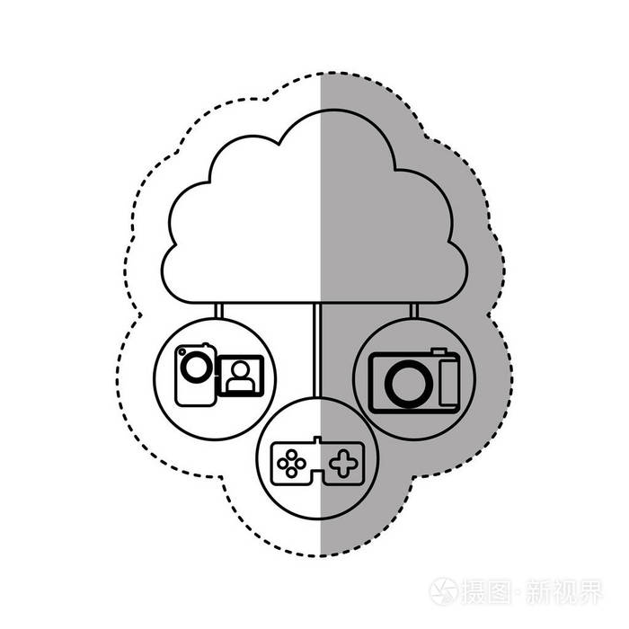 贴纸轮廓云在积云形状连接到科技设备