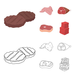 鸡肉翅, 火腿, 生牛排, 牛肉立方体。肉类集合图标在卡通, 轮廓风格矢量符号股票插画网站