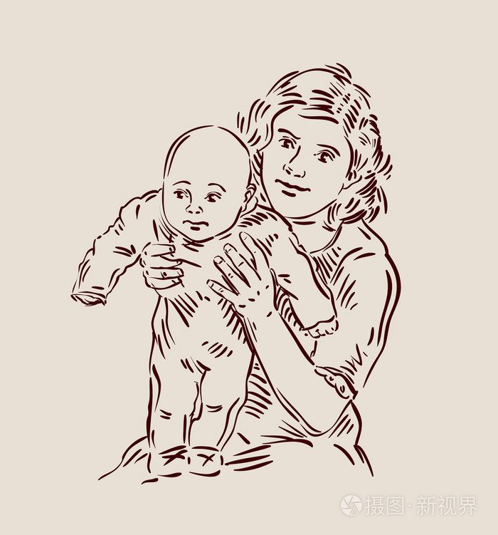 手绘的年轻妈妈抱着一个婴儿.草绘.矢量图