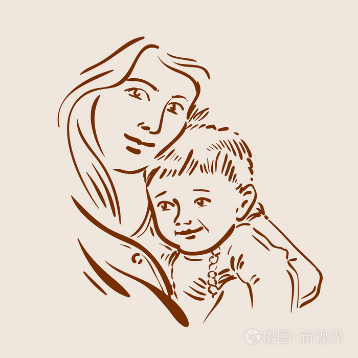 手的素描画年轻母亲和孩子.矢量图
