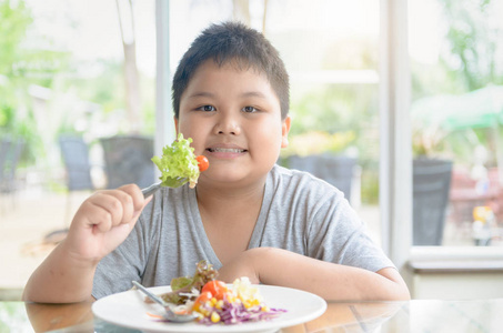 肥胖男孩喜欢吃蔬菜沙拉, 饮食和健康食物概念