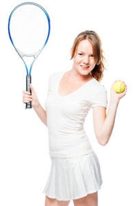一个纤细的女孩，网球拍和支气管肺泡灌洗的垂直肖像