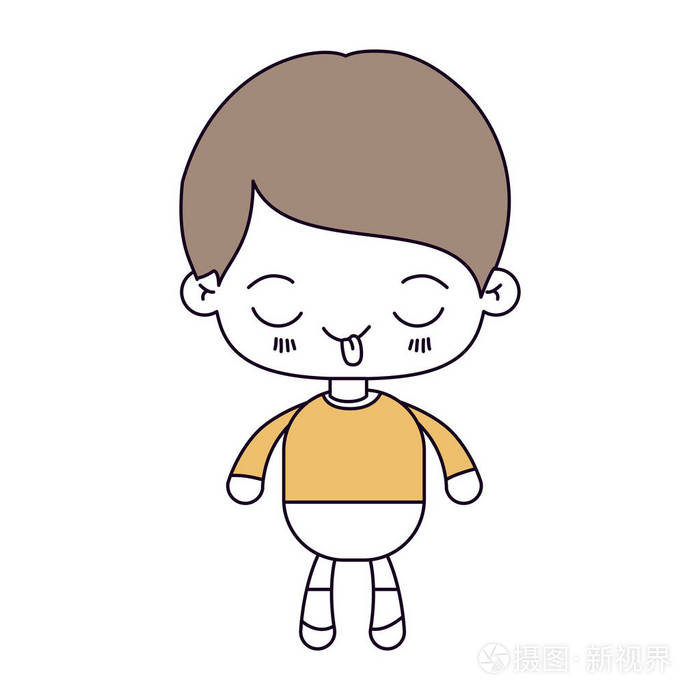 剪影颜色部分和浅棕色头发的卡哇伊小男孩露出滑稽的面部表情