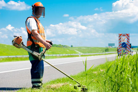 劳动者 园丁 公路 草坪 切割机 机器 男人 割草机 镶边