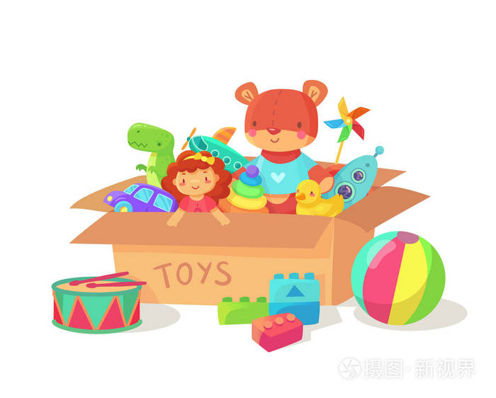 卡通儿童玩具在纸板玩具盒.儿童节日礼品盒与儿童玩具