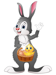 复活节兔子拿着篮子与复活节彩蛋和小鸡