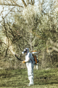 年轻的农夫喷洒化学品在 orchar 杏树