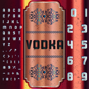 伏特加字体脚本字体复古框架标签设计 威士忌和啤酒标签的餐厅的酒标签。矢量插图