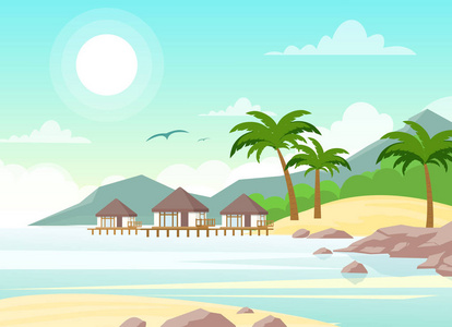 美丽的海滨别墅的矢量插图。热带棕榈树, 酒店在海滨的平坦风格, 职业理念